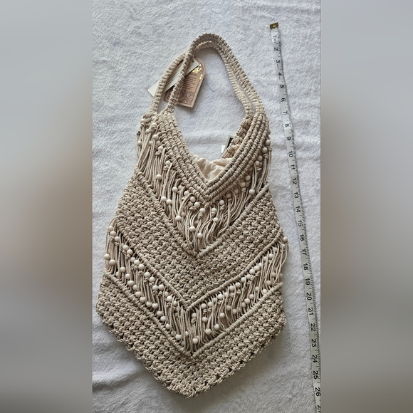 Boho Beaded Woven Shoulder Purse Beige - Picture 7 of 7